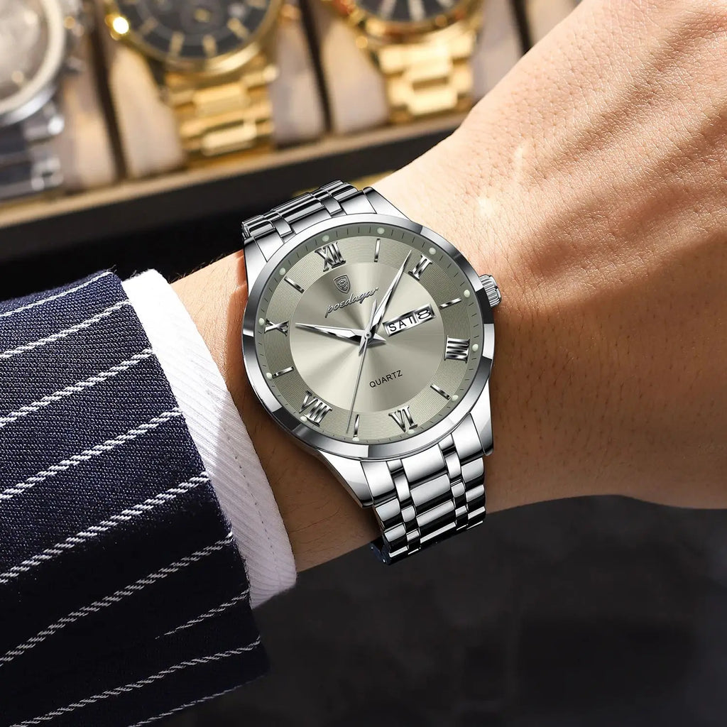 POEDAGAR Men's Luxury Waterproof Stainless Steel Quartz Watch