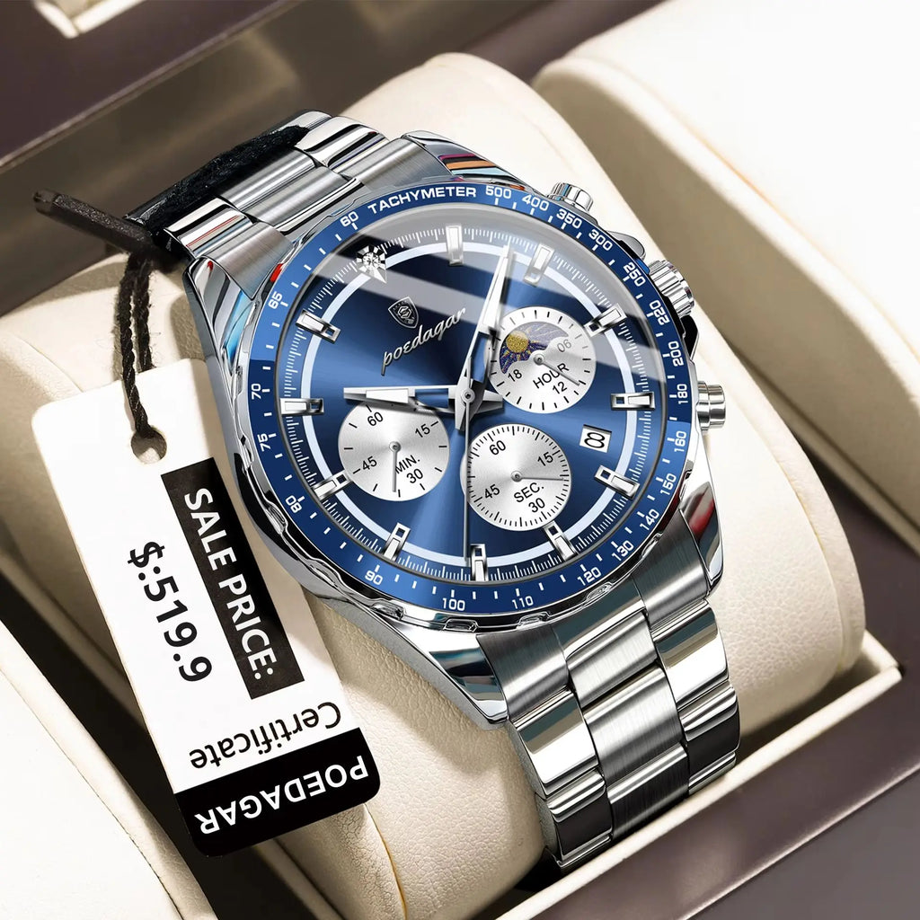 POEDAGAR Men's Luxury Sport Chronograph Waterproof Stainless Steel Quartz Watch with Box