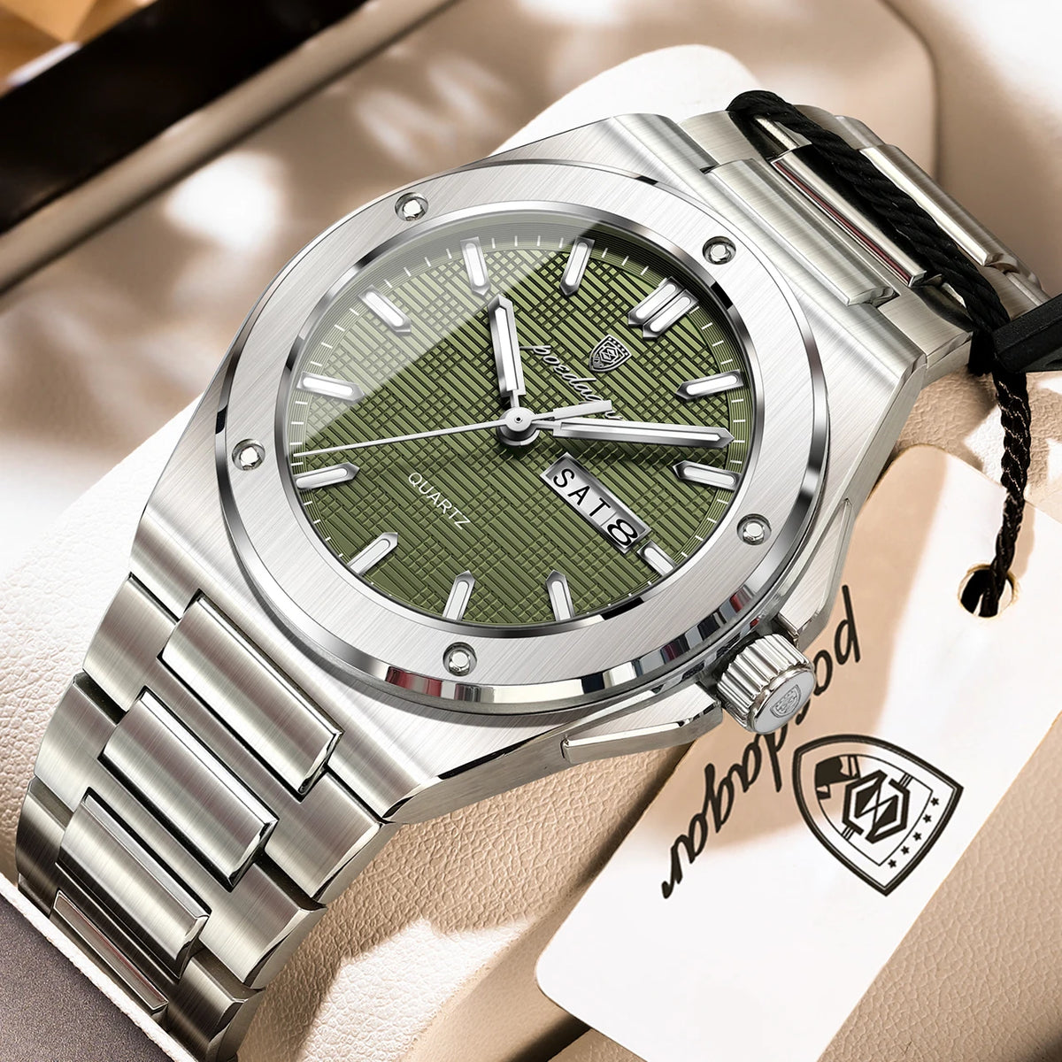 POEDAGAR Men's Luminous Quartz Watch with Stainless Steel Strap and Date Display