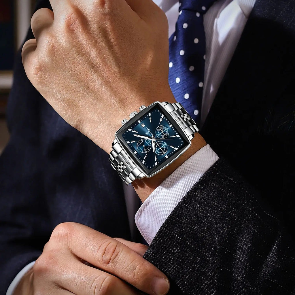 POEDAGAR Men's Square Chronograph Waterproof Stainless Steel Quartz Watch