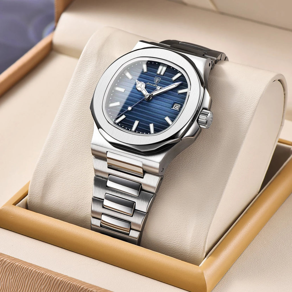 POEDAGAR Luxury Men's Square Quartz Watch with Luminous Date and Stainless Steel Band