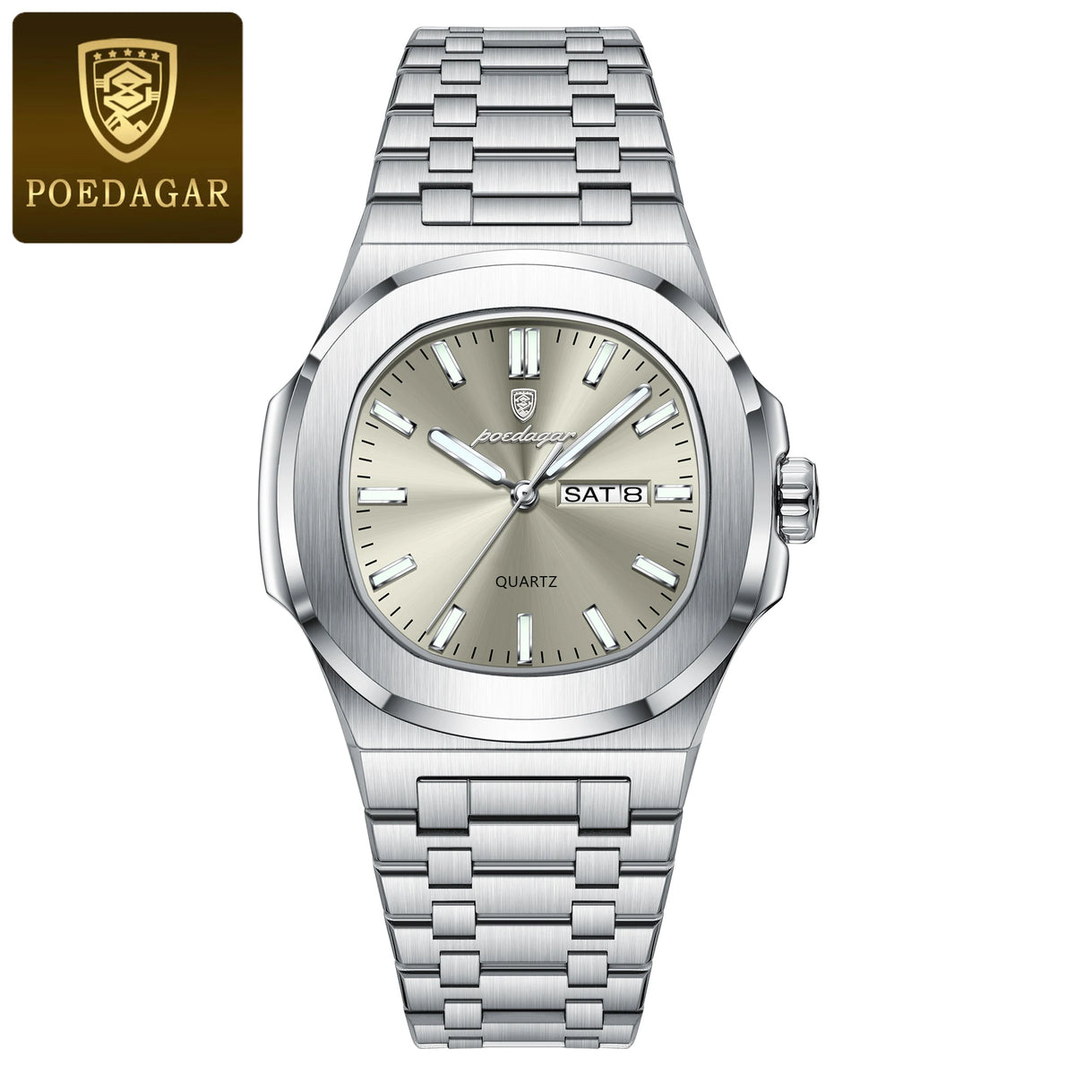 POEDAGAR Men's Luxury Square Military Quartz Watch with Luminous Date and Week Display