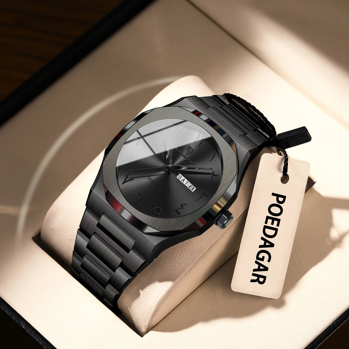 POEDAGAR Men's Luxury Military Quartz Watch with Stainless Steel Calendar Wristband