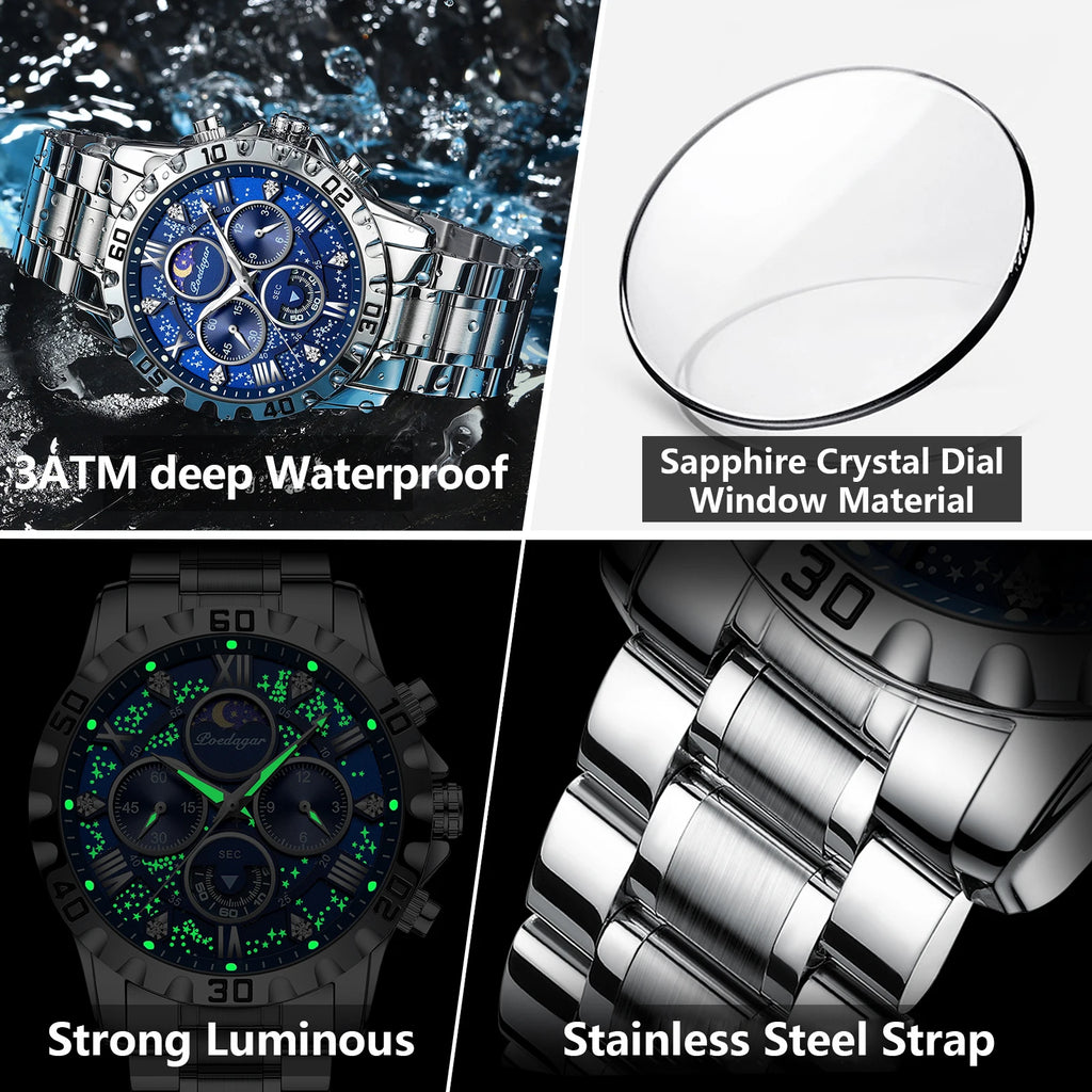 POEDAGAR Men's Waterproof Chronograph Stainless Steel Quartz Watch