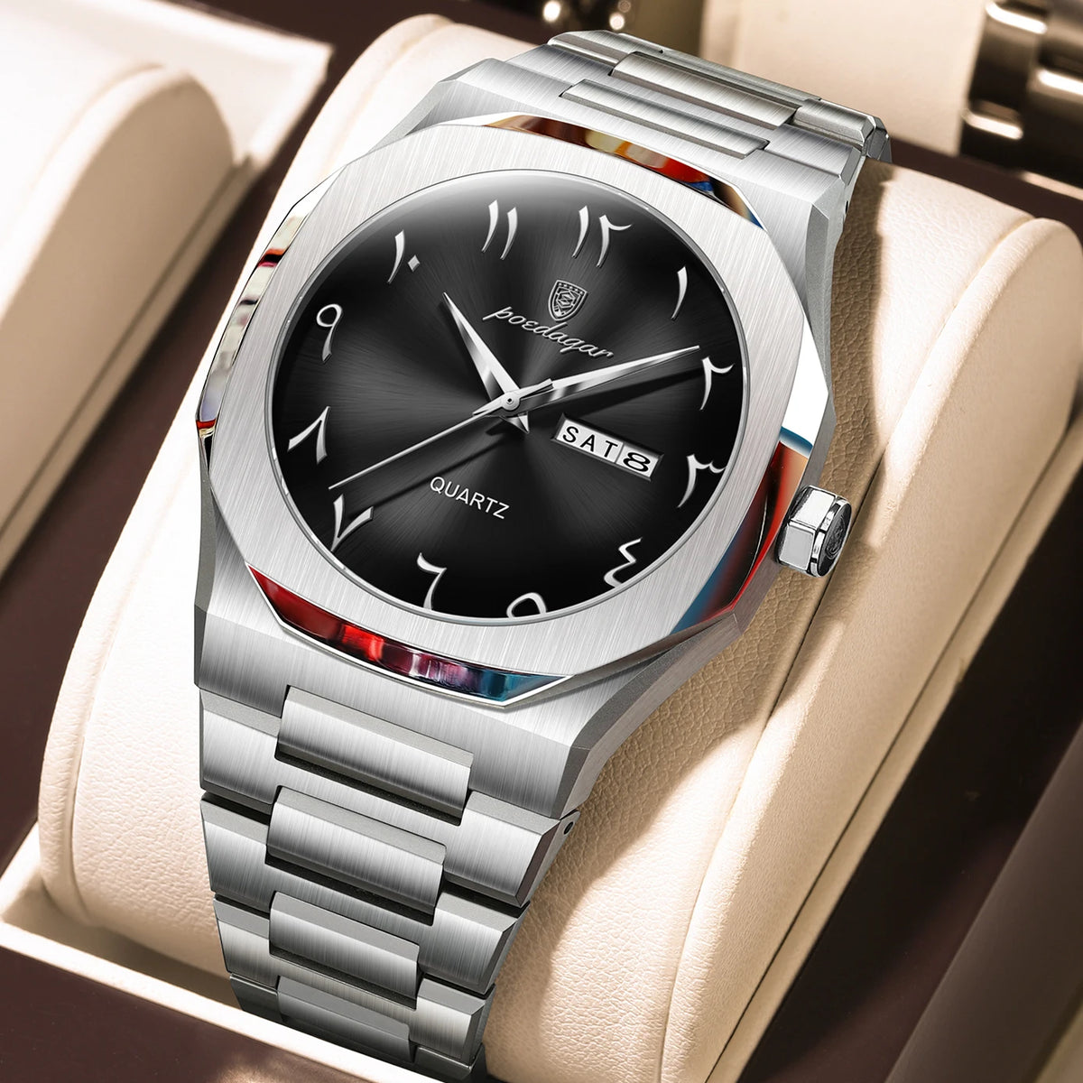 POEDAGAR Men's Luxury Military Quartz Watch with Stainless Steel Calendar Wristband