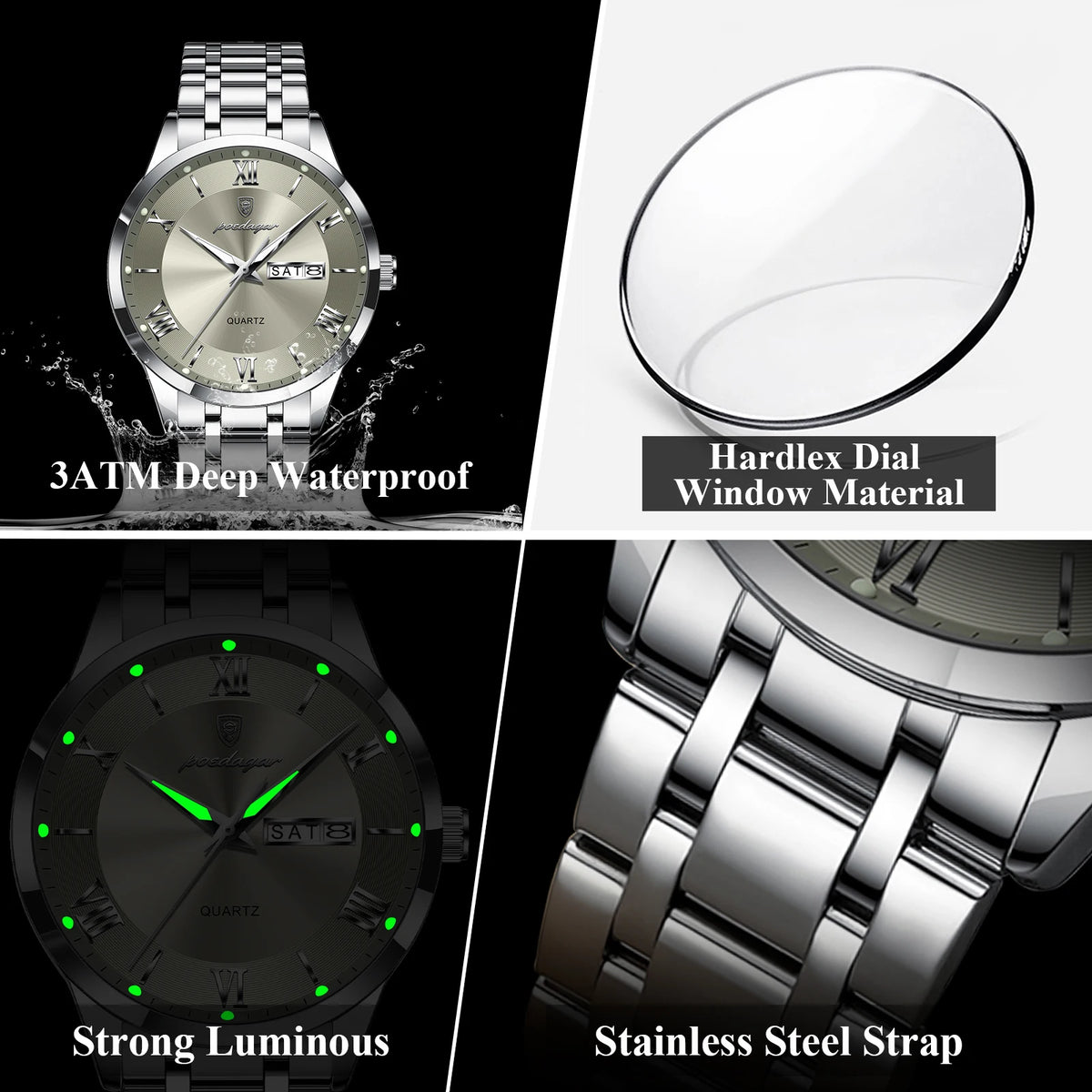 POEDAGAR Men's Luxury Waterproof Stainless Steel Quartz Watch