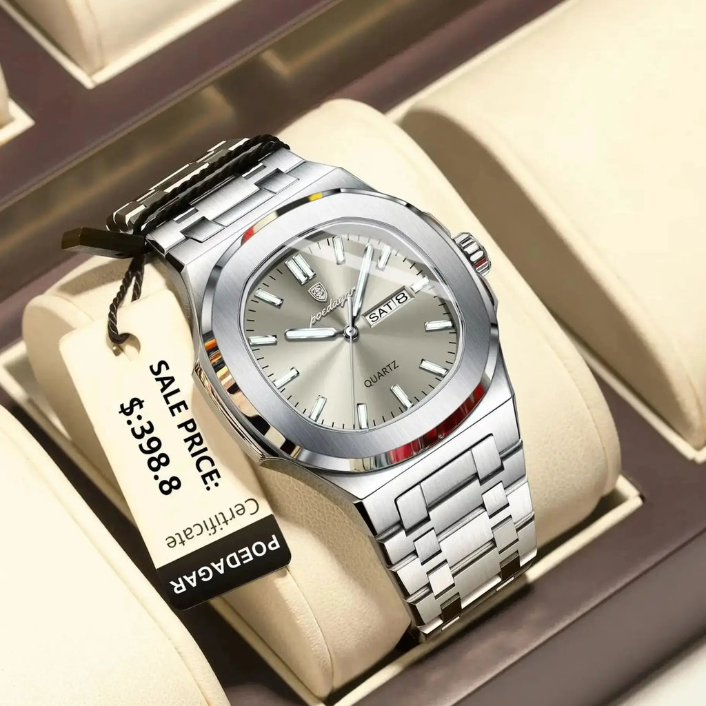 POEDAGAR Men's Luxury Square Military Quartz Watch with Luminous Date and Week Display