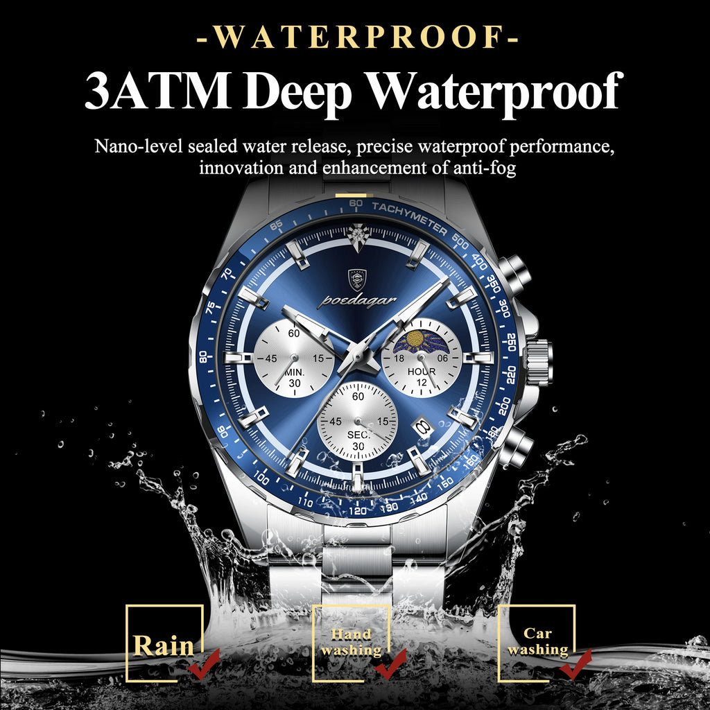POEDAGAR Men's Luxury Sport Chronograph Waterproof Stainless Steel Quartz Watch with Box