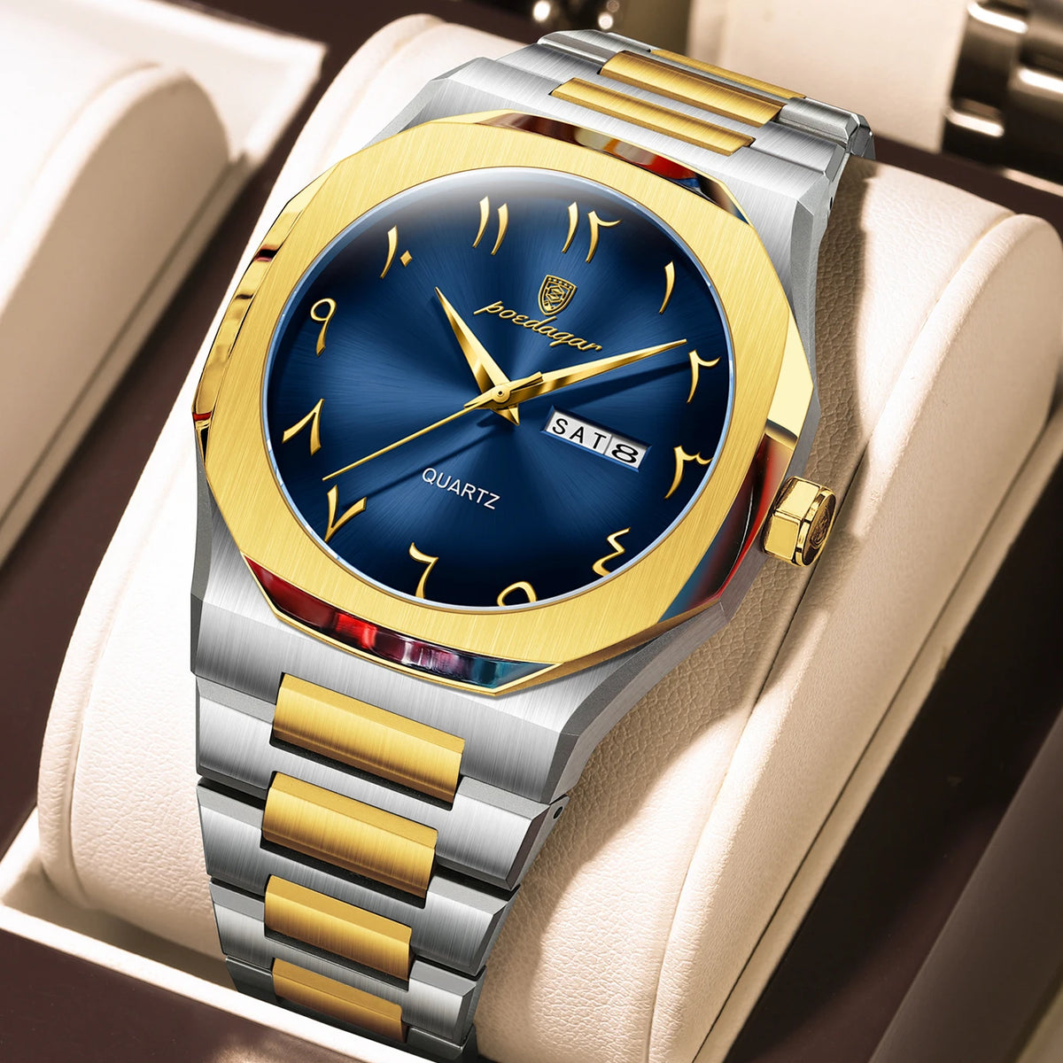 POEDAGAR Men's Luxury Military Quartz Watch with Stainless Steel Calendar Wristband