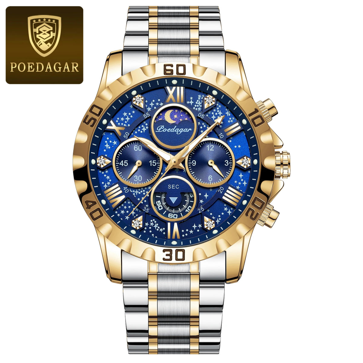 POEDAGAR Men's Waterproof Chronograph Stainless Steel Quartz Watch